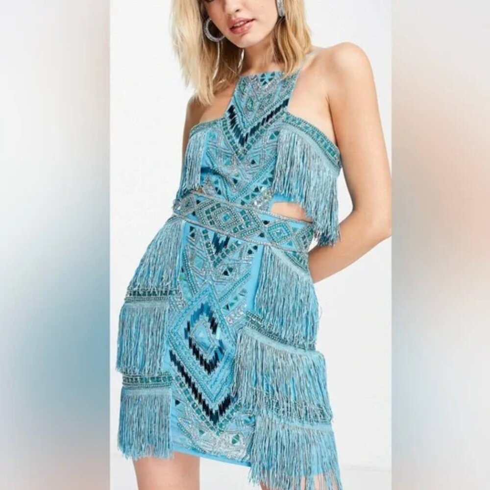 High neck embellished mini dress with fringe in blue